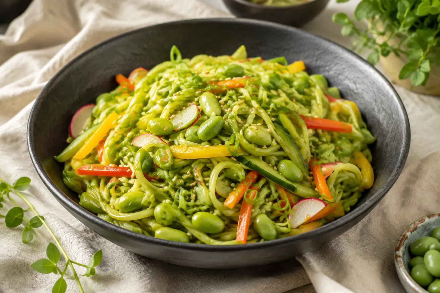 Green edamame noodles with vegetables, sesame and scallions